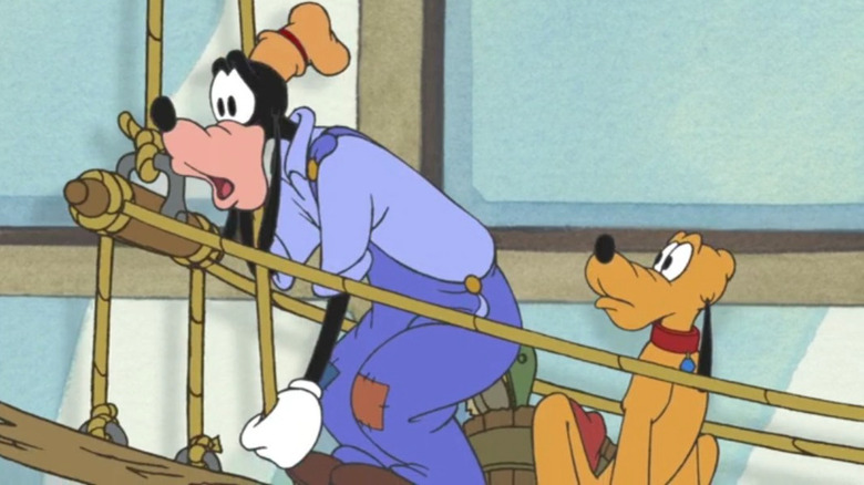 Goofy and Pluto suspended scaffolding