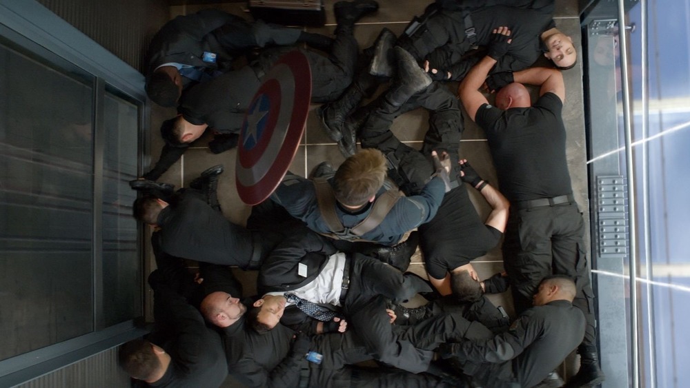 The aftermath of the elevator fight in Captain America: The Winter Soldier