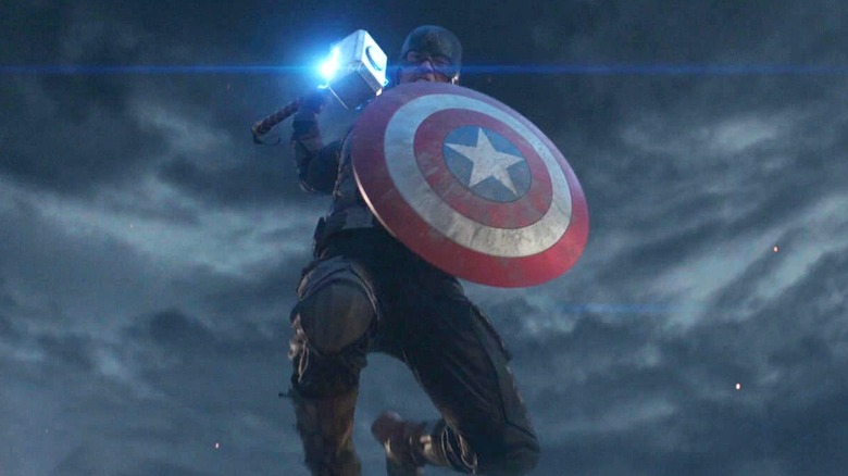 Captain America leaping with shield and Thor's hammer