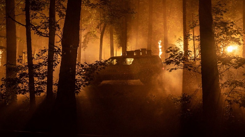 Burning vehicle in woods