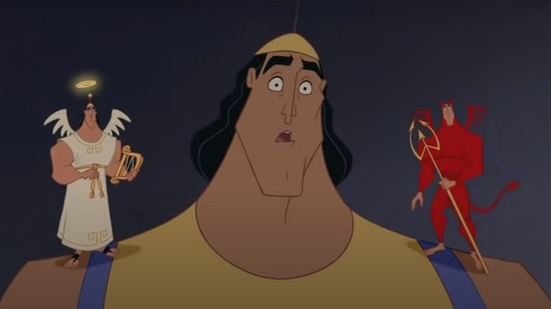 Kronk with angel and devil on shoulders