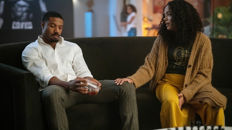 Michael B. Jordan and Tessa Thompson having a tense conversation