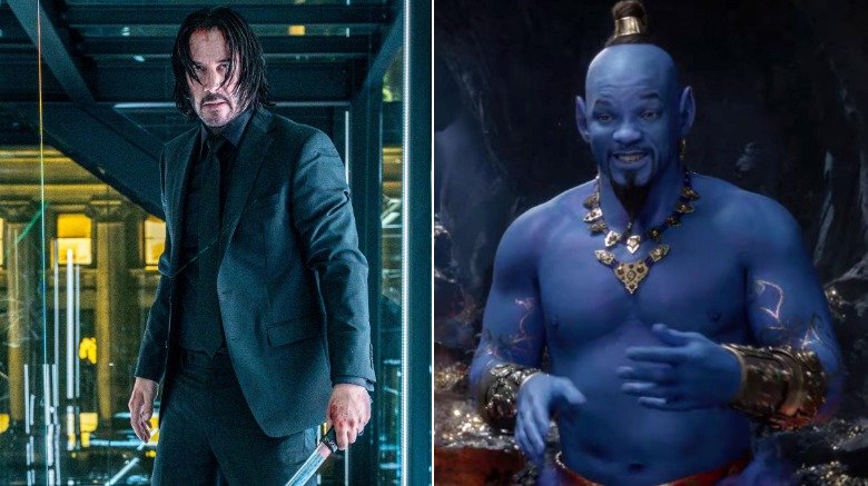 Split image of Keanu Reeves as John Wick and Will Smith as Aladdin