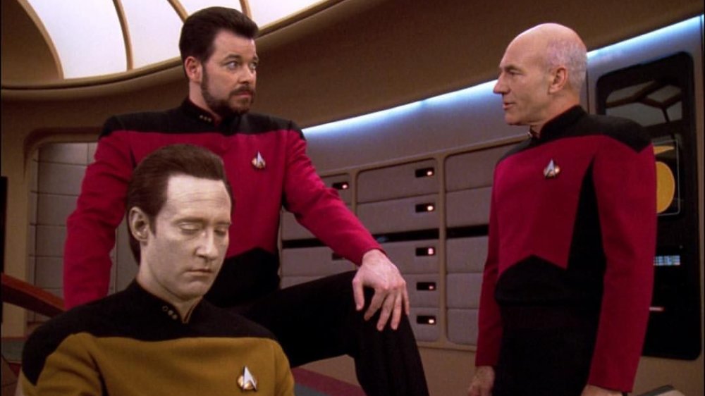 Brent Spiner, Jonathan Frakes, and Patrick Stewart as Data, Riker, and Picard on Star Trek: The Next Generation