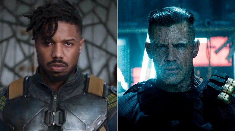 Split-screen of Michael B. Jordan as Killmonger in Black Panther and Josh Brolin as Cable in Deadpool 2