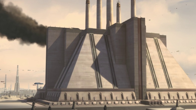 The Jedi Temple on Coruscant with smoke from an explosion in The Clone Wars