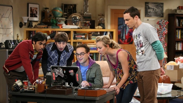 Big Bang Theory cast looking at computer