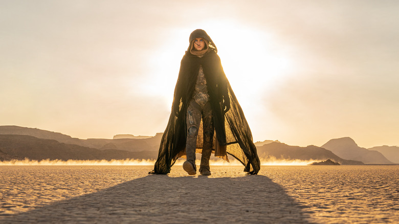 Cloaked Paul walks across sand