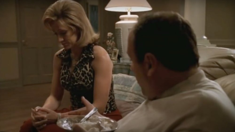 Edie Falco as Carmela Soprano and James Gandolfini as Tony Soprano on The Sopranos