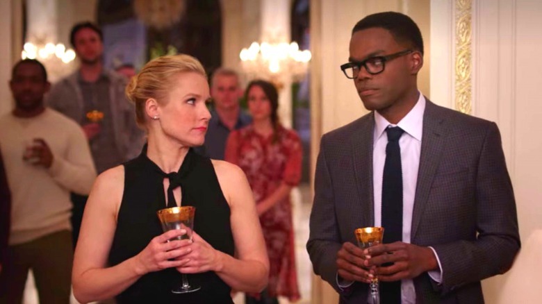 Eleanor and Chidi at a party on The Good Place