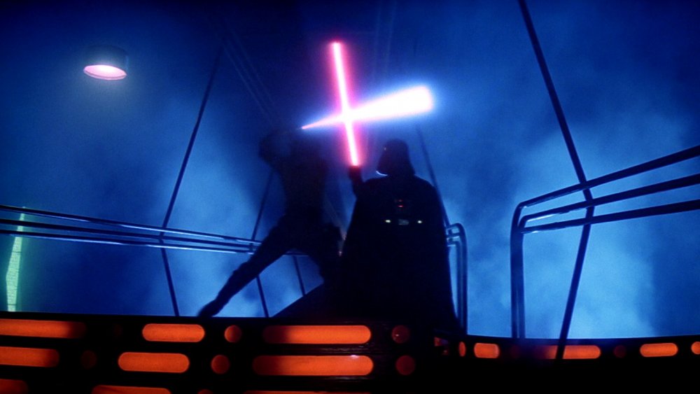 Mark Hamill as Luke Skywalker and David Prowse as Darth Vader in The Empire Strikes Back