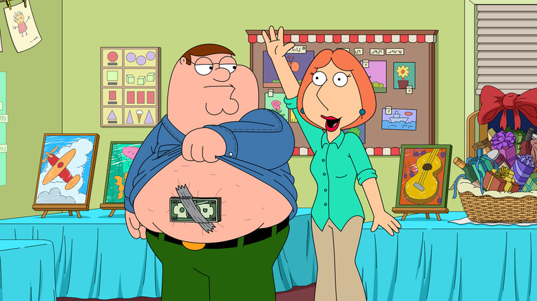 Peter Griffin with cash taped to his belly next to Lois Griffin waving hello