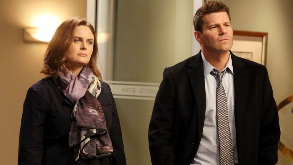 Emily Deschanel as Dr. Brennan and David Boreanaz as Seeley Booth on Fox's Bones