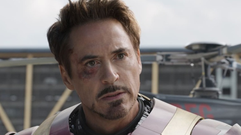 Tony Stark staring confused bruised eye