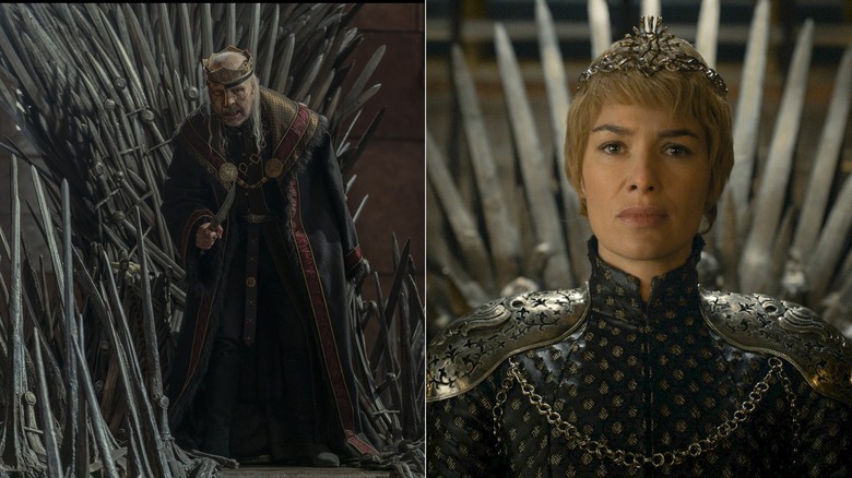 Viserys on throne and Cersei on throne