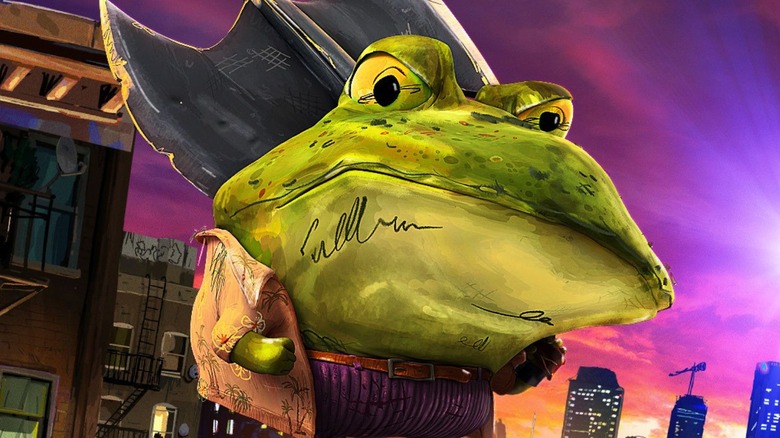 Genghis Frog holds an axe in front of new york