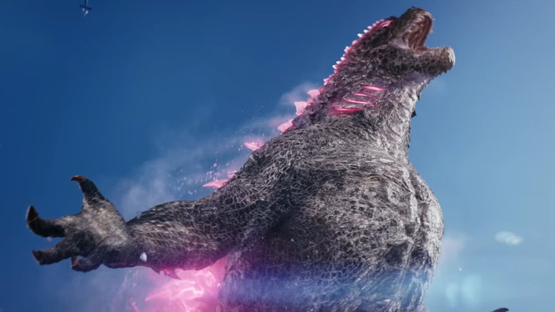 Godzilla roaring with pink scales