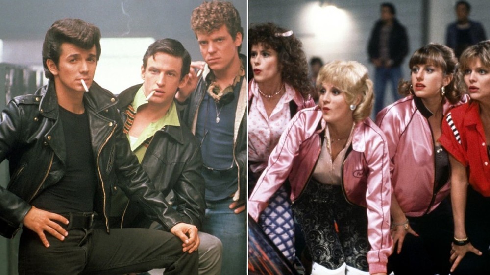 Male cast of Grease 2 posing in locker room / female cast of Grease 2 in pink jackets