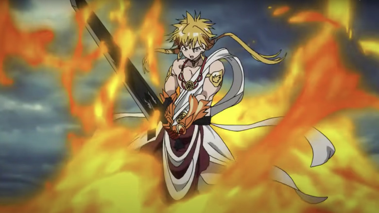 Alibaba holding a sword, surrounded by fire