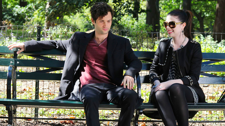 Michelle Trachtenberg and Penn Badgley on the set of "Gossip Girl" (2007-2012)