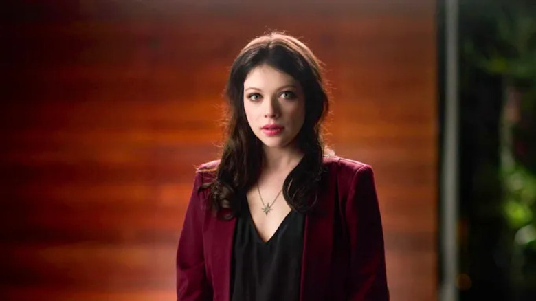 Michelle Trachtenberg wearing crimson blazer