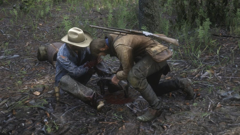 Arthur Morgan saves a man caught in a bear trap