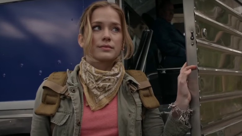 Elizabeth Lail getting off bus