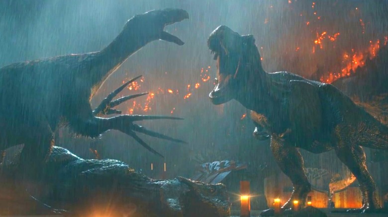 Dinosaurs roaring in rain