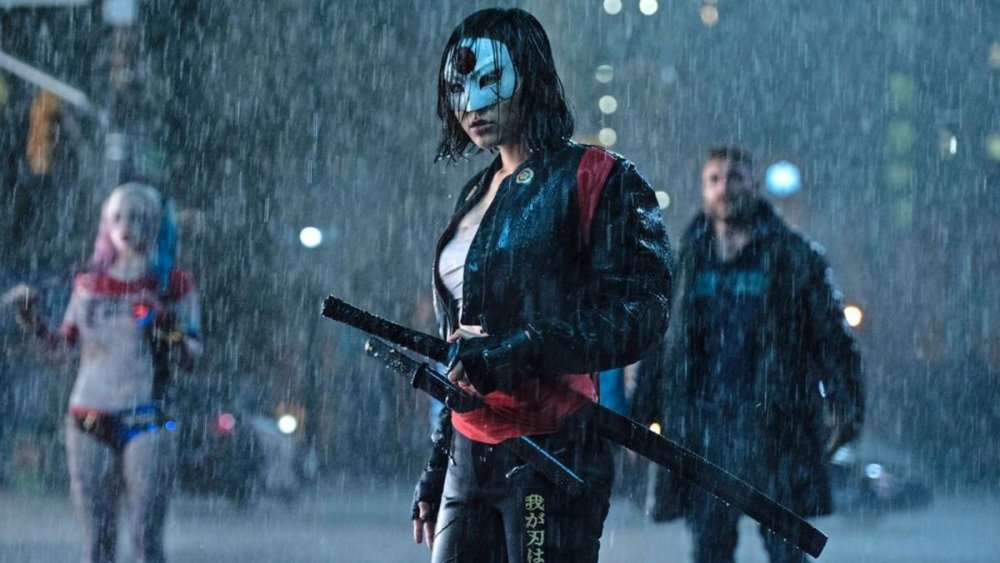 Margot Robbie as Harely Quinn, Karen Fukuhara as Katana, and Jai Courtney as Captain Boomerang in Suicide Squad