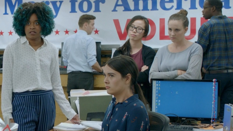 Renee has an apprehensive look in a campaign room in Search Party