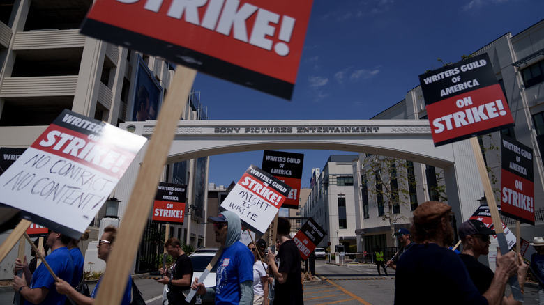 WGA writers striking outside Sony Pictures Entertainment lot