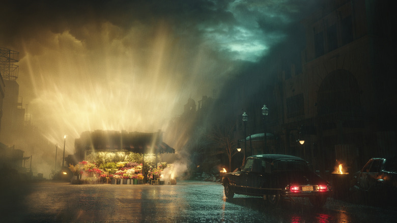 Flower stand glows in street