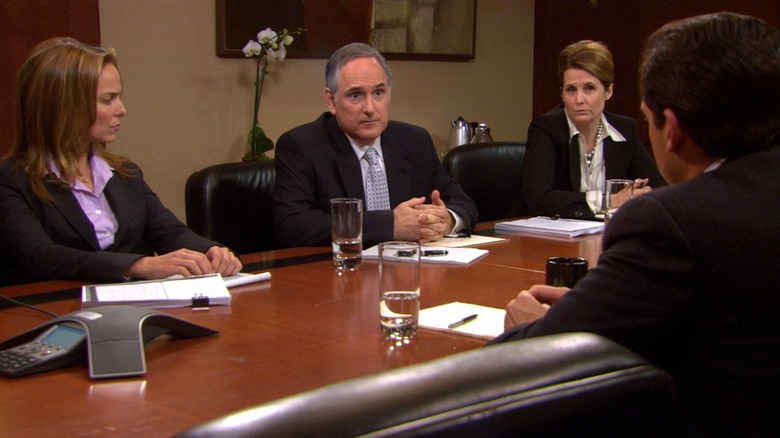 Jan and lawyers face Michael across table (The Office)