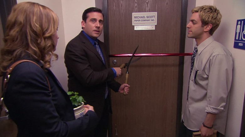 Pam, Michael, and Ryan conduct a ribbon cutting ceremony for the Michael Scott Paper Company (The Office)