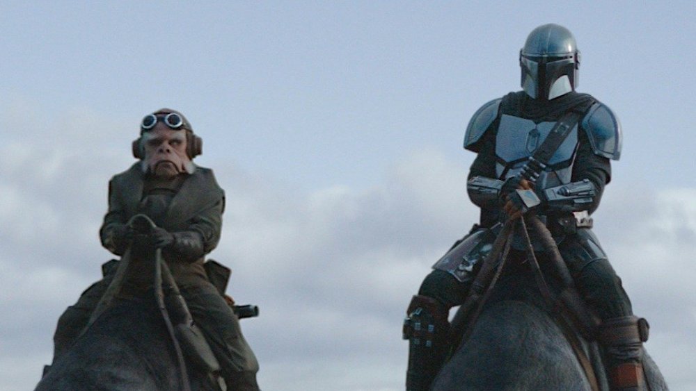 Misty Rosas and Pedro Pascal as Kuiil and The Mandalorian in The Mandalorian; Nolte voiced Kuiil in post-production