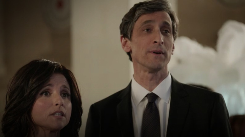 David Pasquesi with Julia Louis-Dreyfus looking off camera