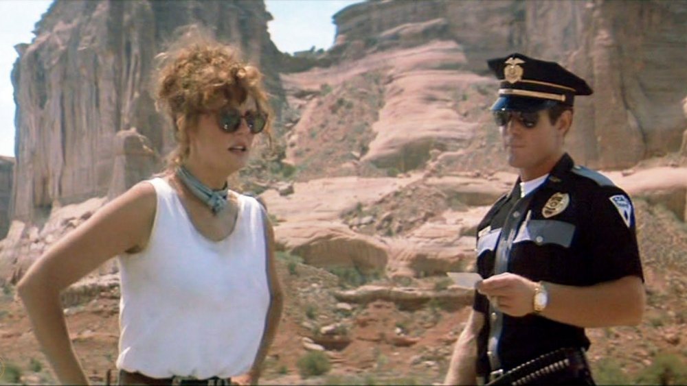 Susan Sarandon as Louise Sawyer and Jason Beghe as a state trooper in Thelma and Louise