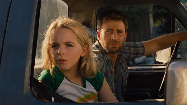 Mckenna Grace and Chris Evans in truck