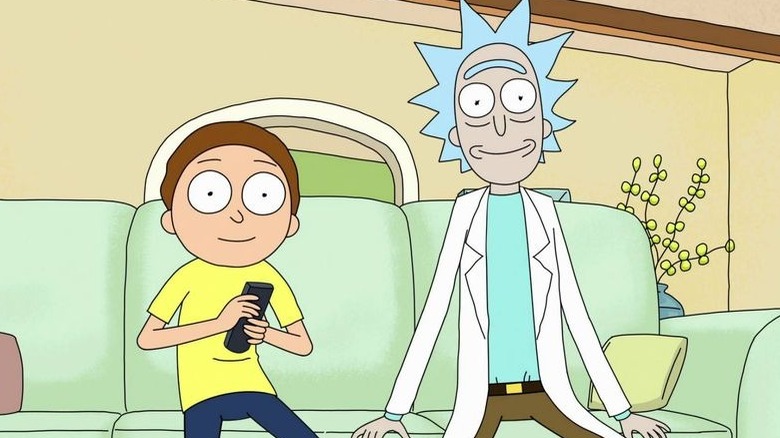 rick and morty sitting on couch