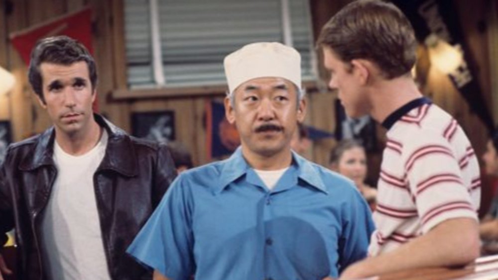 Henry Winkler as Arthur Fonzarelli, Pat Morita as Arnold Takahashi, and Ron Howard as Richie Cunningham on Happy Days