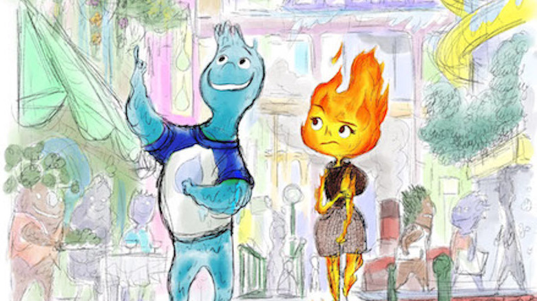 Water man and fire woman walking down a street