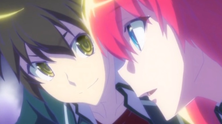 Issei and Rias smiling and flying together