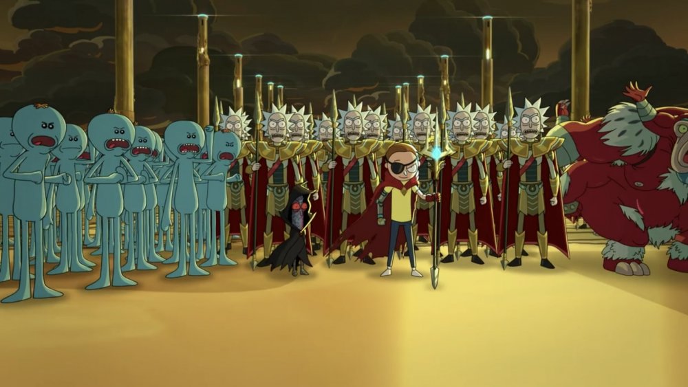 Evil Morty and Evil Mr. Poopybutthole lead an army on Rick and Morty season 4, episode 6