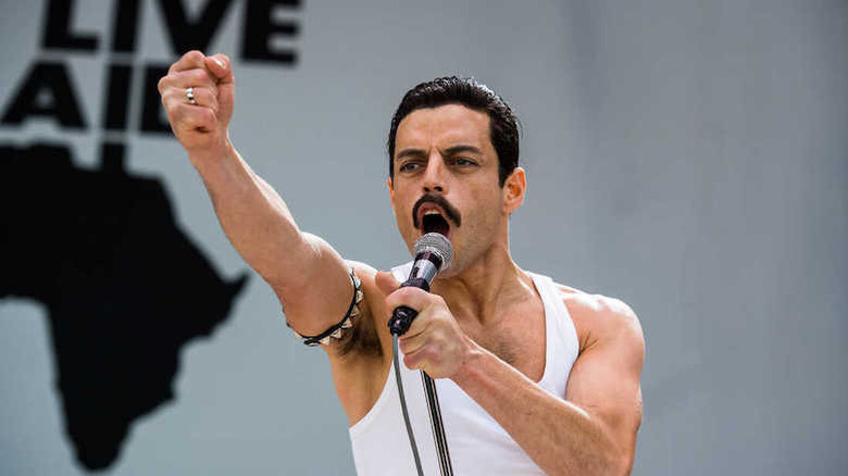 Rami Malek as Freddie Mercury at Live Aid in Bohemian Rhapsody