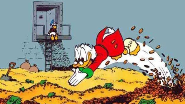 Scrooge McDuck diving into gold coins