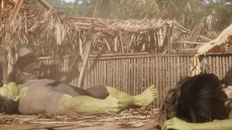 The Hulk and She-Hulk lying in the ruined bar on She-Hulk