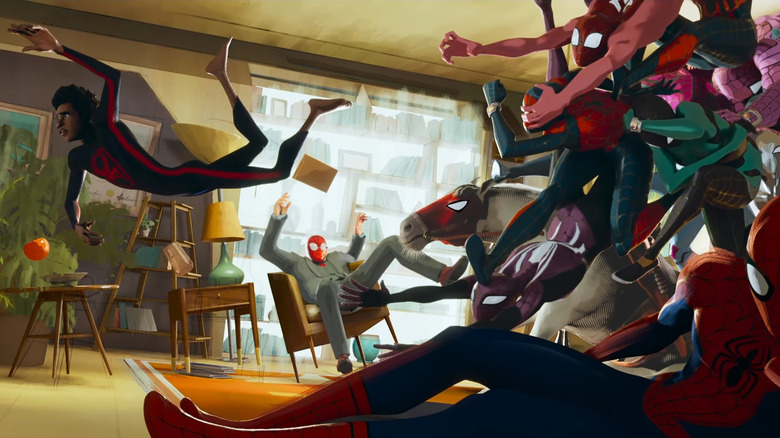 Miles Morales and Spider-people crashing through room