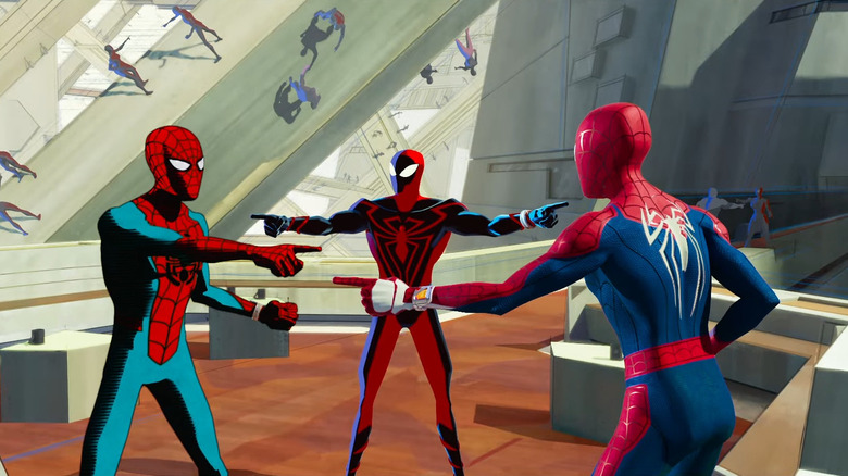 Spider-Men pointing at each other