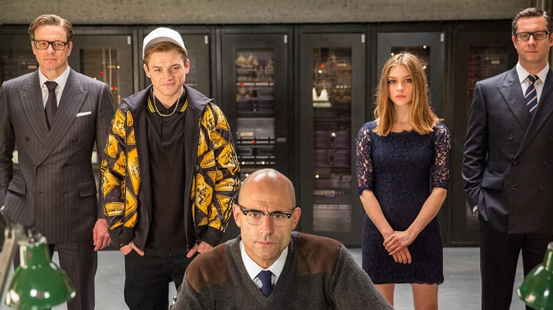 Colin Firth, Taron Egerton, Mark Strong, Sophie Cookson, and Alastair MacIntosh in Kingsman: The Secret Service