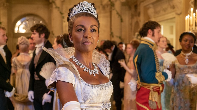 Lady Danbury wears white gown at a ball